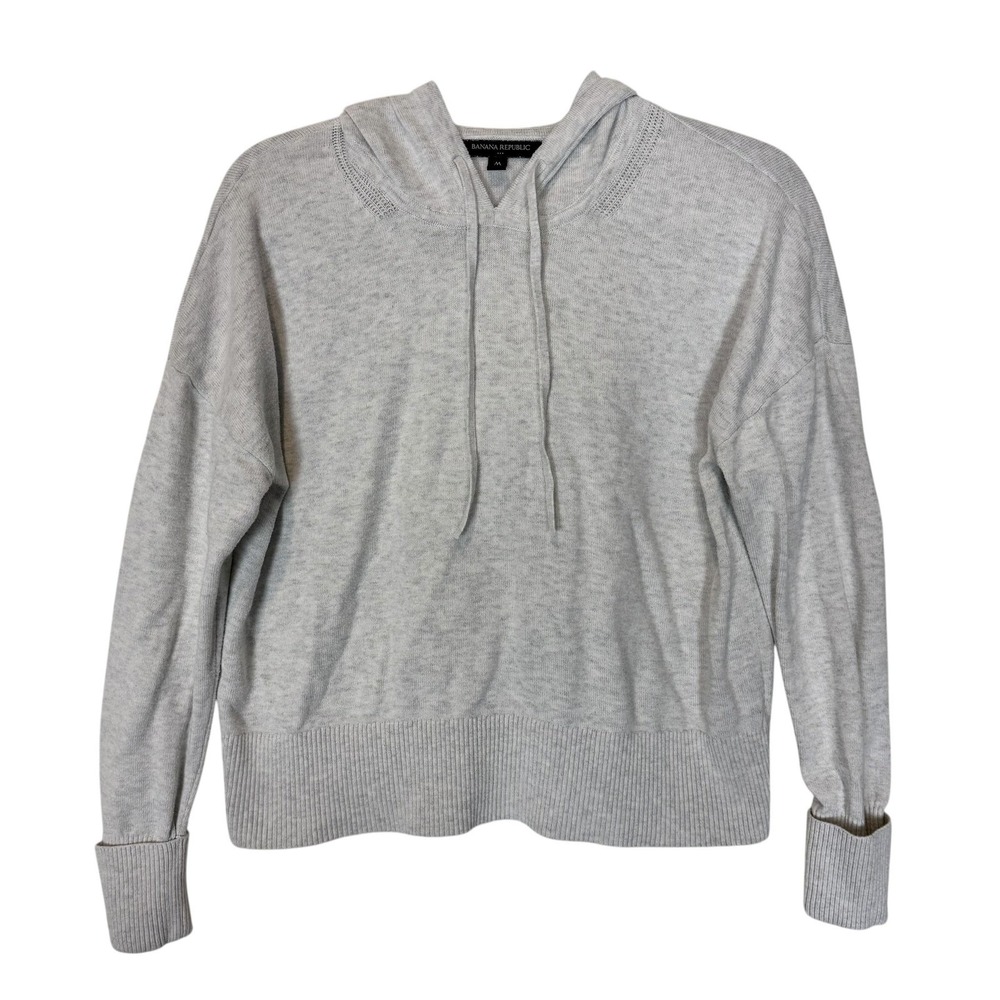 Banana Republic Sweater‎ Womens Medium Light Gray Hooded V Neck Pullover Knit